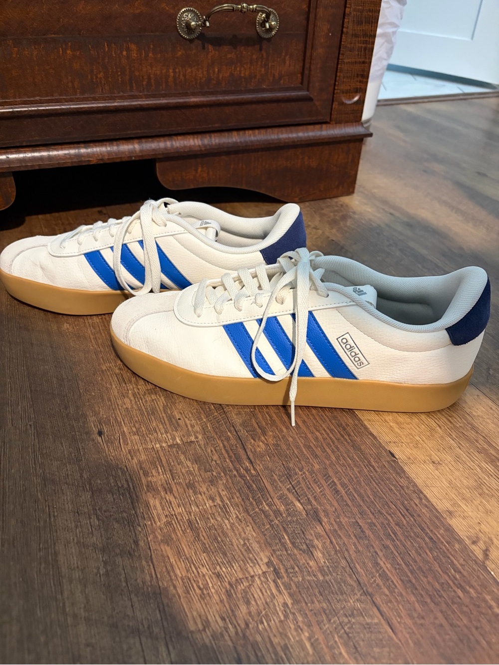 Women’s adidas White Sneakers with Blue Stripes - Size 10